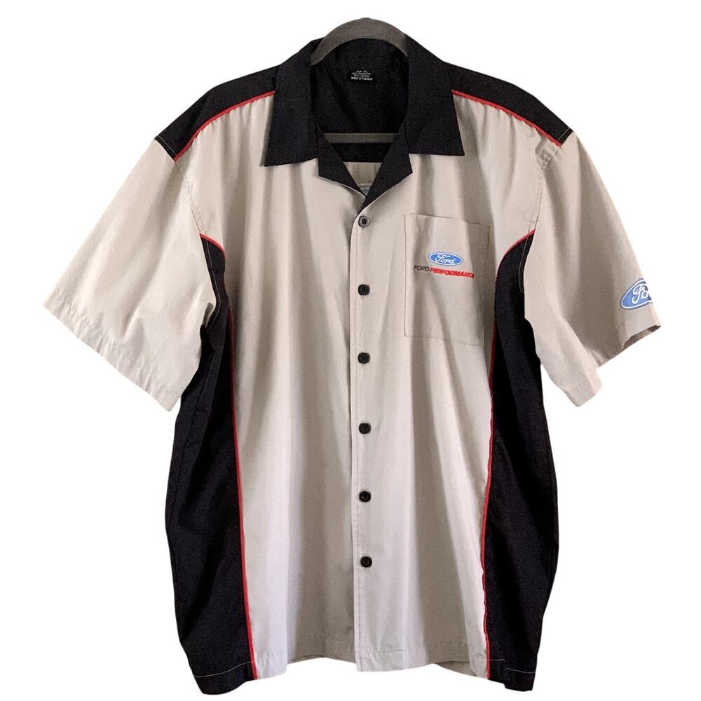 Ford Motor Mechanic Shirt Men's Size XL Short Sleeve Pit Crew Tan Black Red